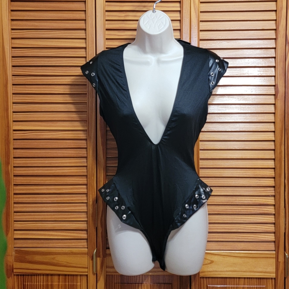 Black Bodysuit With Faux Leather Detail On Sleeves And Hips
